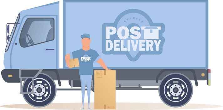 The postal courier is standing near yours. Cartoon style. Vector illustration. Isolated.