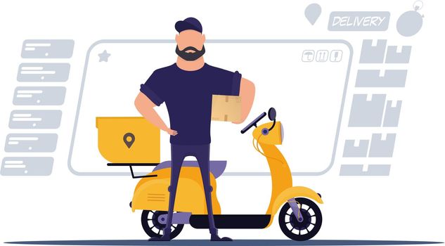 A male courier stands near a scooter and holds a box.
