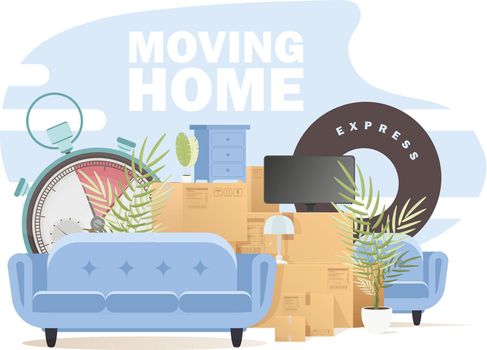 Lots of boxes and stuff. Moving house concept. Cartoon style. vector illustration