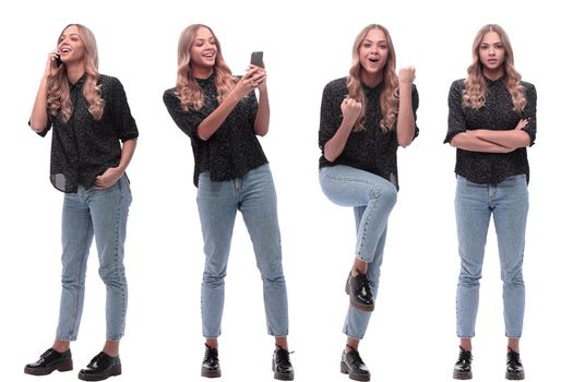 collage of photos of a positive young woman in jeans