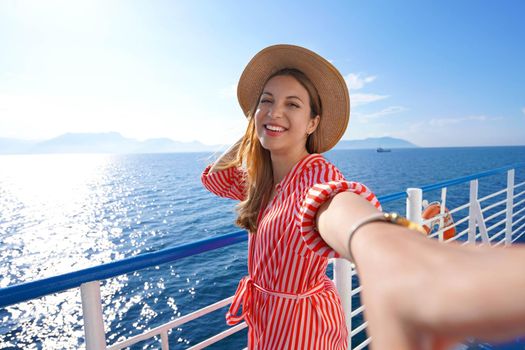 Cruise ship holiday travel vacation. Smiling tourist girl taking selfie on summer holidays destination on cruise liner.