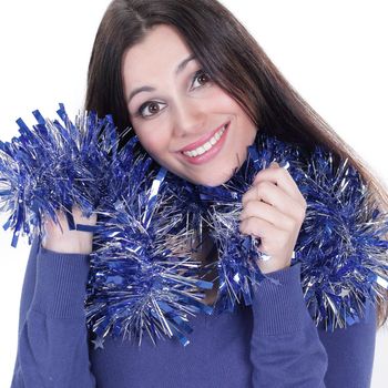 closeup.pretty girl with Christmas tinsel .isolated on white