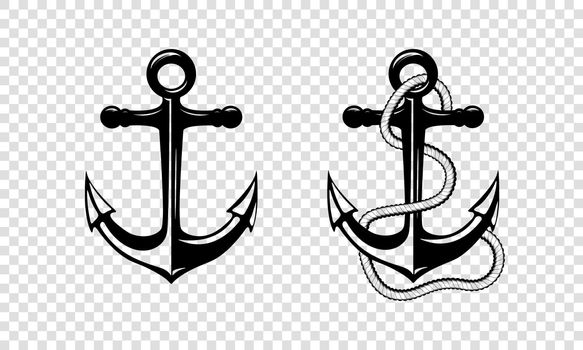 Vector Hand drawn Anchor Icon Set Isolated. Design Template for Tattoos, Tshirt, Logo, Labels. Anchor with Rope. Antique Vintage Marine Anchors