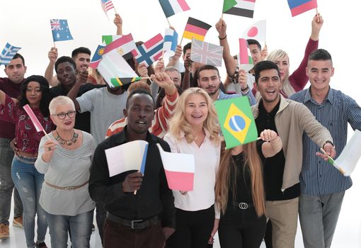 Cool group of people, woman and man happy and excited with flags