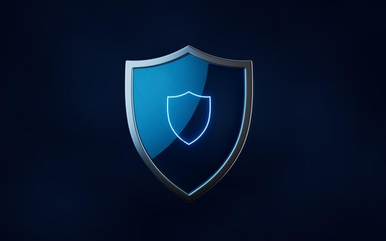 Glossy shield with dark background, 3d rendering.