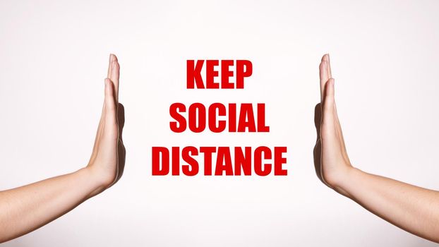 Keeep Social Distance. Contact-less Greetings. Health Care Poster. Two Hands Gesture Limit Safe Distance