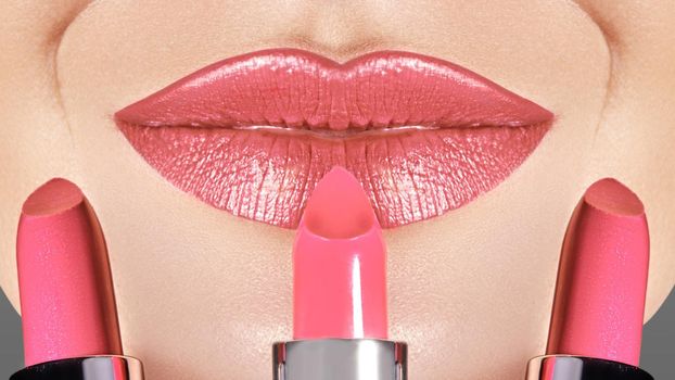 Choose your Color Lipstick. Macro shot photo lips with fashion pink make-up. Beautiful makeup on lips. Choice lipstick