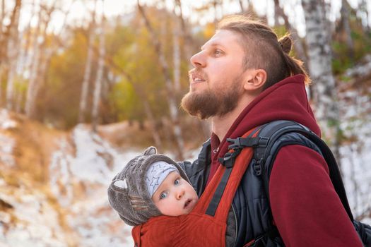 Babywearing fall walk of a father and his little child in a sling.