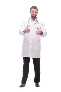 smiling medical professional showing thumbs up .isolated on white
