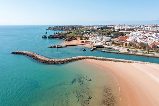 Aerial from the harbor and city Lagos in the Algarve Portugal