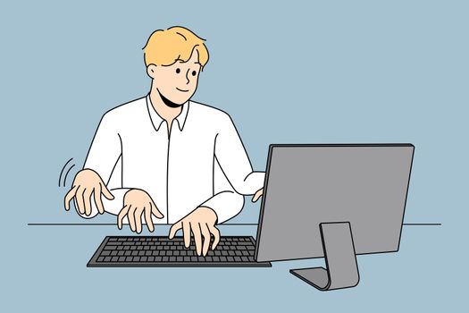 Businessman typing on computer with numerous hands