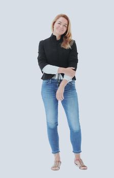 in full growth. a young woman in jeans and a black blouse