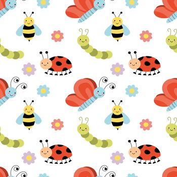 Seamless repeat pattern with fun happy bugs, insects, bee, flowers on a white ground EPS vector