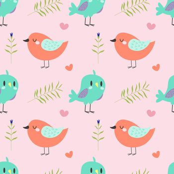 cute seamless pattern with pink birds on branches background EPS