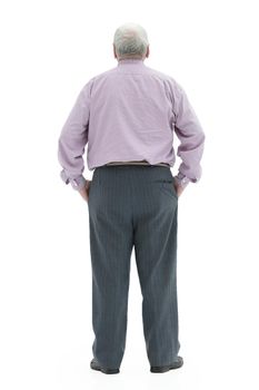 gray-haired plump man stands with his back full-length