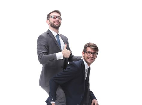 smiling businessman sitting on the back of his colleague