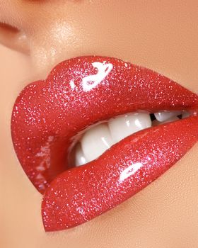 Beautiful Woman Lips with Fashion Lipstick Makeup. Cosmetic, Fashion Make-Up Concept. Beauty Lip Visage. Passionate kiss