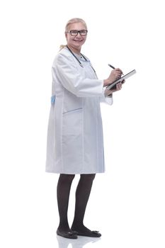 side view. smiling doctor with the clipboard