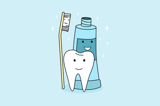 Smiling tooth, toothbrush and toothpaste feeling positive