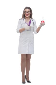 in full growth. female medic pointing to a bottle of liquid