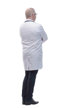 rear view. doctor reading an ad on a white screen