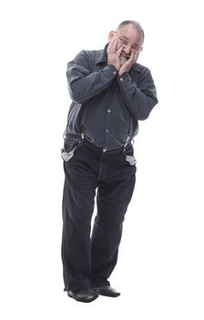 frustrated elderly man with empty pockets. isolated on a white