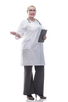 female doctor with clipboard looking at camera