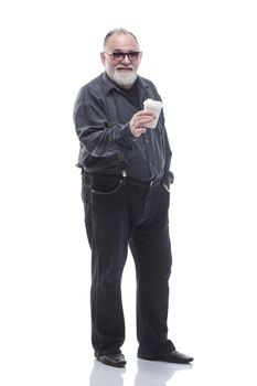 full- length . smiling elderly man with takeaway coffee.
