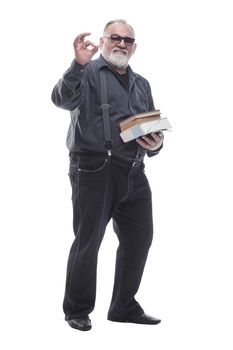adult man with a stack of documents . isolated on a white