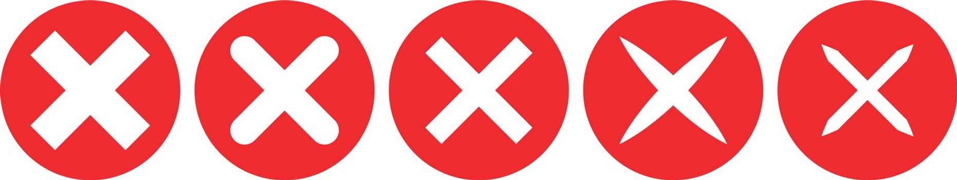 Cross mark icon set showing fraud or mistakes. Red vector.