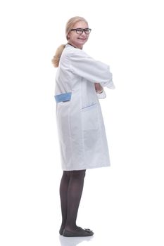 side view. friendly female doctor looking at the camera