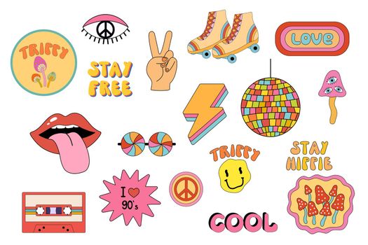 Groovy stickers set with mushrooms, lips and cassette. Vector flat illustration with trippy lettering. Weird retro graphic 70s and 80s