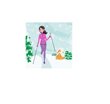 Nordic walking - active woman exercising in winter