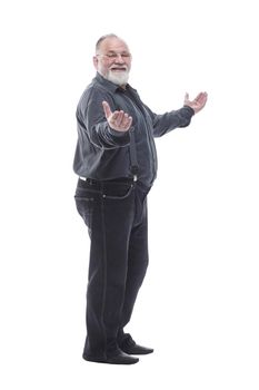 attractive older man pointing at a white blank screen