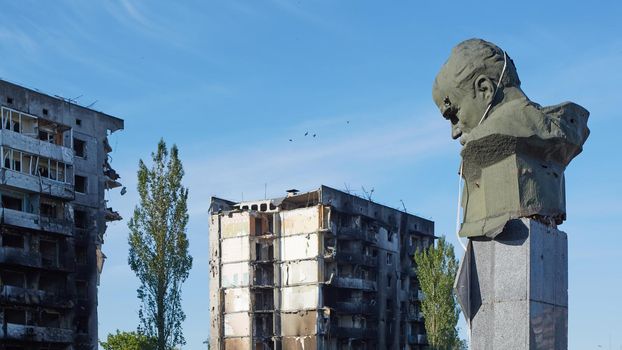 Borodianka, Kyiv region, Ukraine. The monument to Shevchenko was shot by the russian occupiers.
