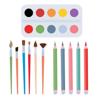 Set for drawing multi-colored paints, pencils and brushes. Vector illustration isolated on white background