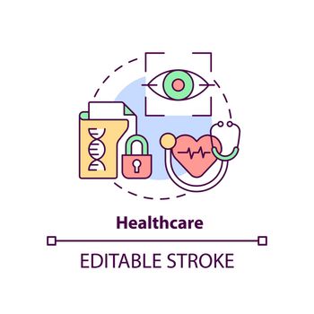 Healthcare concept icon. Biometric technology usage abstract idea thin line illustration. Patient identification. Isolated outline drawing. Editable stroke. Arial, Myriad Pro-Bold fonts used