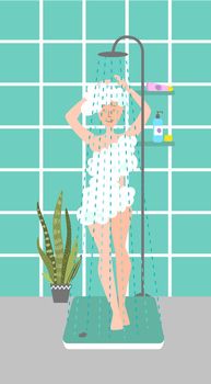 Girl taking a shower. Morning routine. Colorful vector illustration