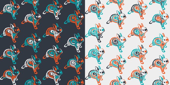 Seamless two patterns with jumping rabbits in crown. Creative nursery texture. Perfect for kids design, fabric, wrapping, wallpaper, textile, apparel