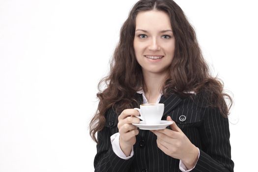 closeup.successful business woman with a Cup of coffee.isolated on white.photo with copy space