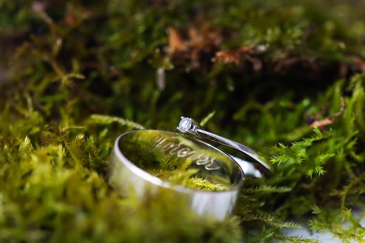 Elegant diamond ring and engagement ring with forever inscription on green moss. Beautiful highlights and sunlight, soft and selective focus. Marriage proposal concept.