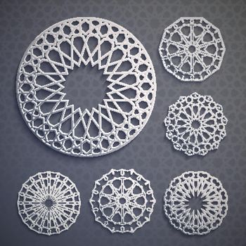 Islamic ornament vector , persian motiff . 3d ramadan islamic round pattern elements . Geometric logo template set. Circular ornamental arabic symbols vector .