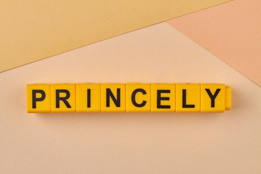 The word princely written on yellow cubes on color background close up.