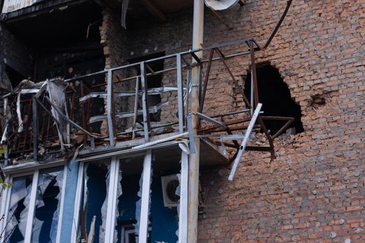 War in Ukraine. abandoned home. russian troops bombing peaceful city. War refugees in Ukraine. destroyed and burned apartment building. irpin 2022. Russian invasion. bomb and missile attack