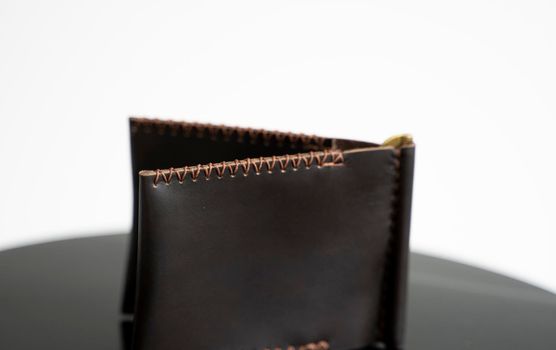 Brown men's money clip handmade leather wallet. Empty money clip wallet with a two pockets for cards.
