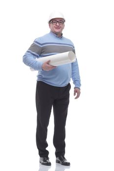 in full growth. man in a protective helmet holds a roll of drawings