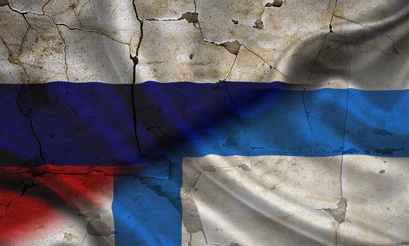 Concept of war between Russia and Finland, Russia vs Finland flag, cracked wall with russia and finland flag, confrontation between russia vs finland