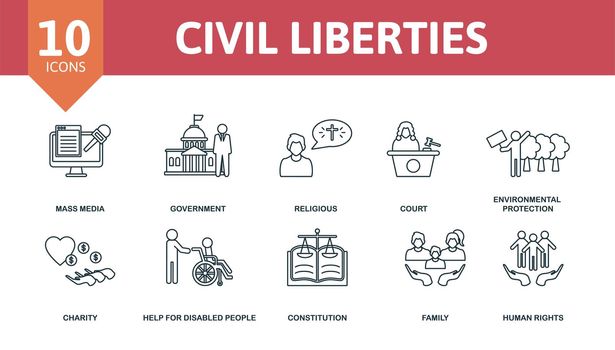 Civil Liberties set icon. Editable icons civil liberties theme such as mass media, religious, environmental protection and more.