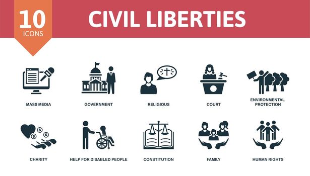 Civil Liberties set icon. Editable icons civil liberties theme such as mass media, religious, environmental protection and more.