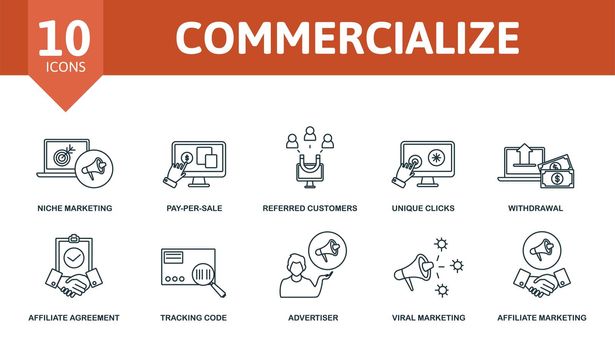 Commercialize set icon. Editable icons commercialize theme such as niche marketing, referred customers, withdrawal and more.